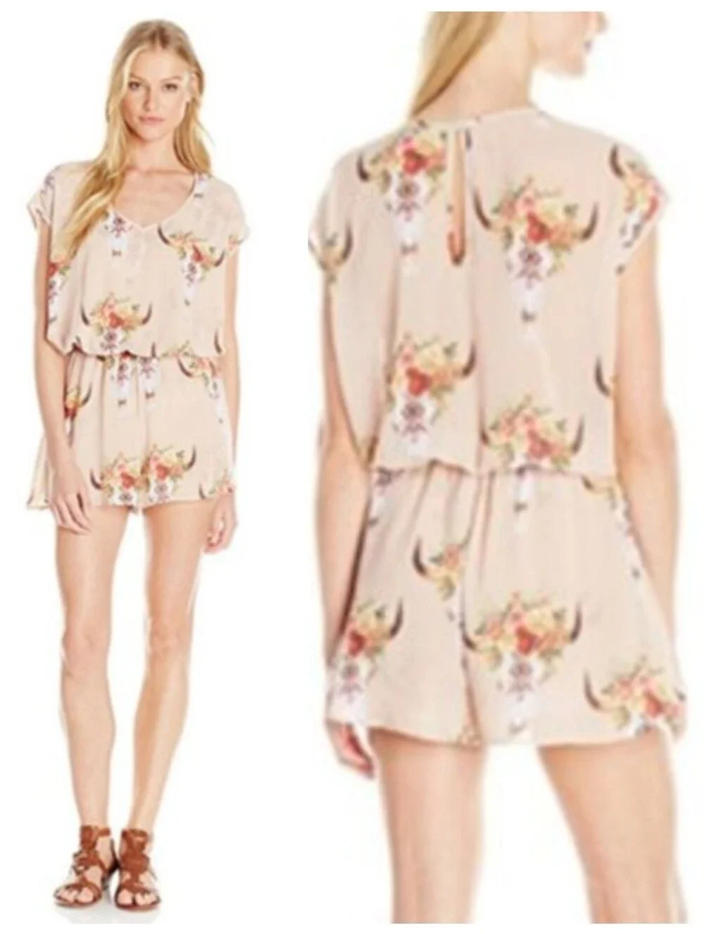 Show Me Your MuMu Rowdy Romper Women's XS Desert Rose Bull Skull Floral Print